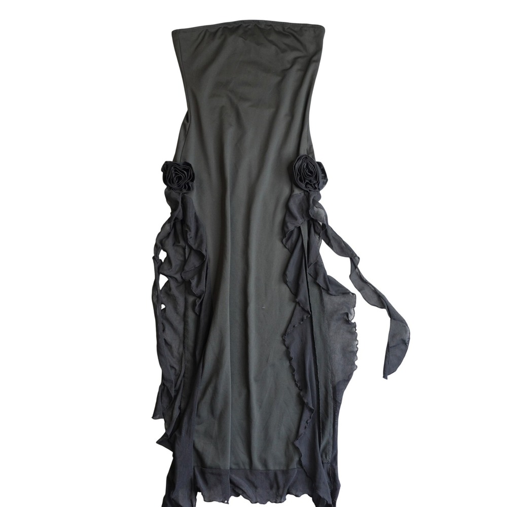Vtg Y2K Strapless Black Whimsigoth Fairy Midi Dress Womens Mesh Rosette Bodycon